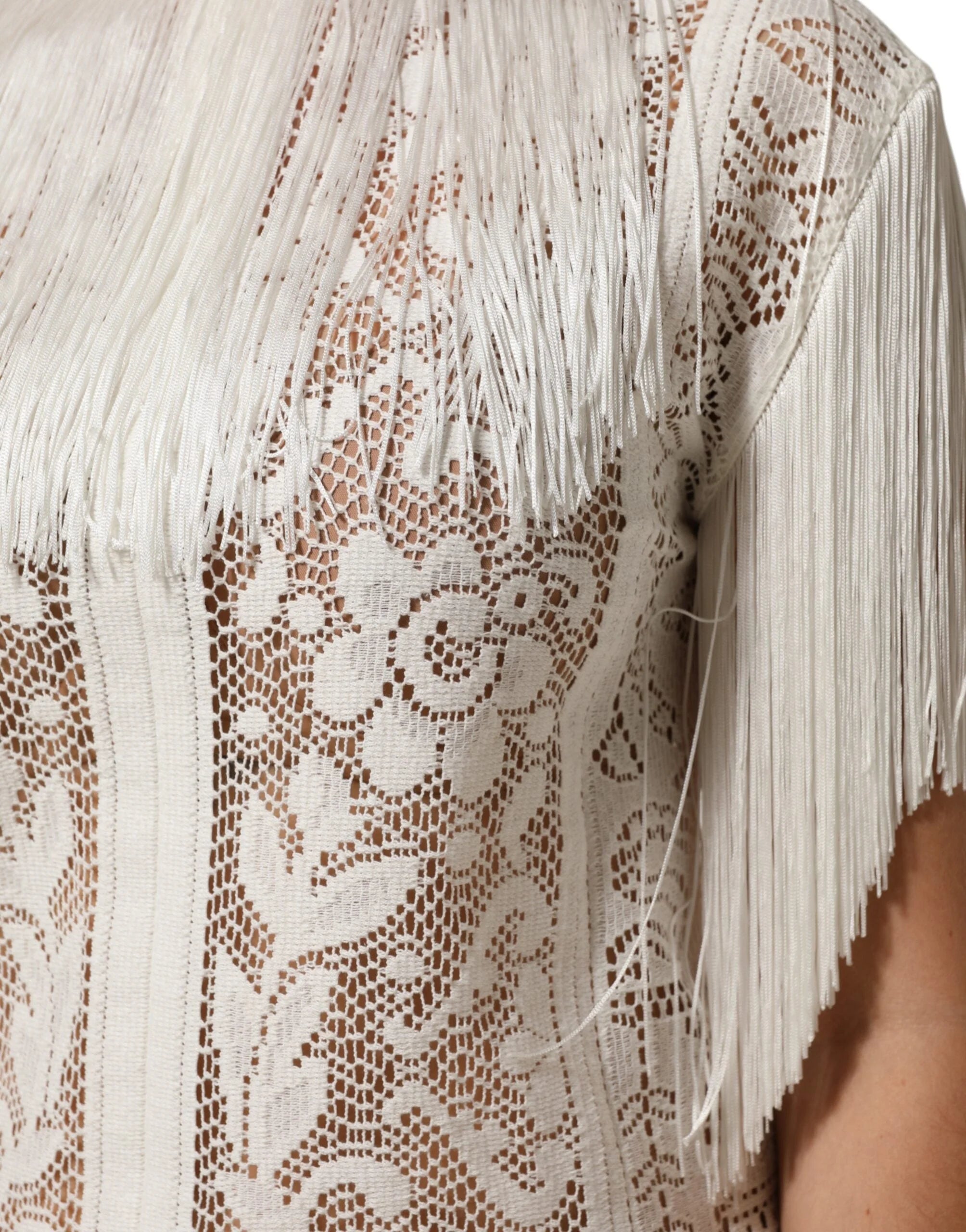 Dolce & Gabbana White Floral Lace Fringe Knee Length Dress - IT40|S - Dresses