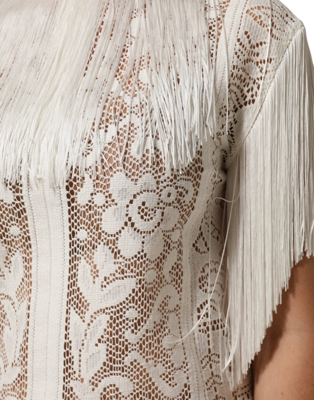 Dolce & Gabbana White Floral Lace Fringe Knee Length Dress - IT40|S - Dresses