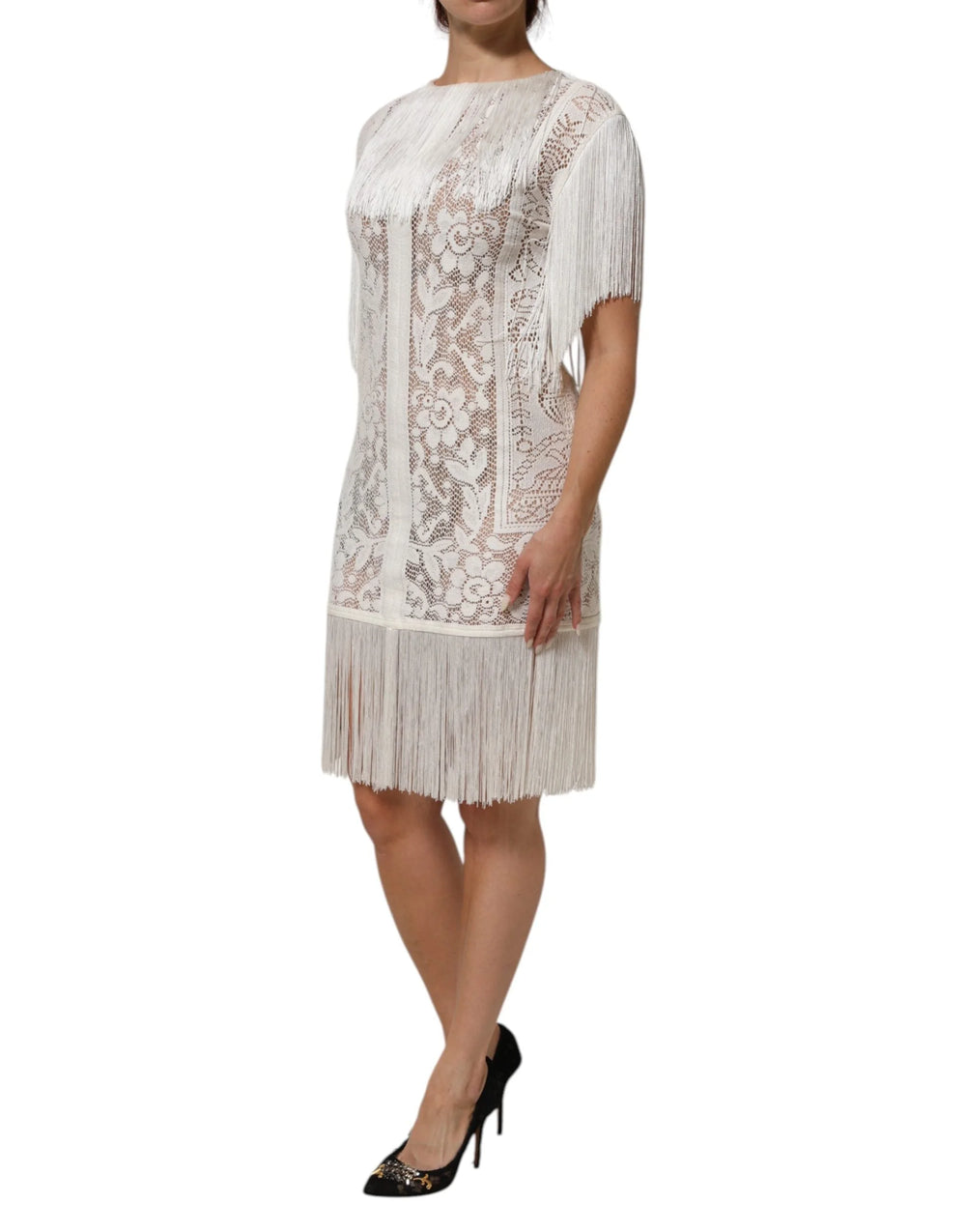 Dolce & Gabbana White Floral Lace Fringe Knee Length Dress - IT40|S - Dresses