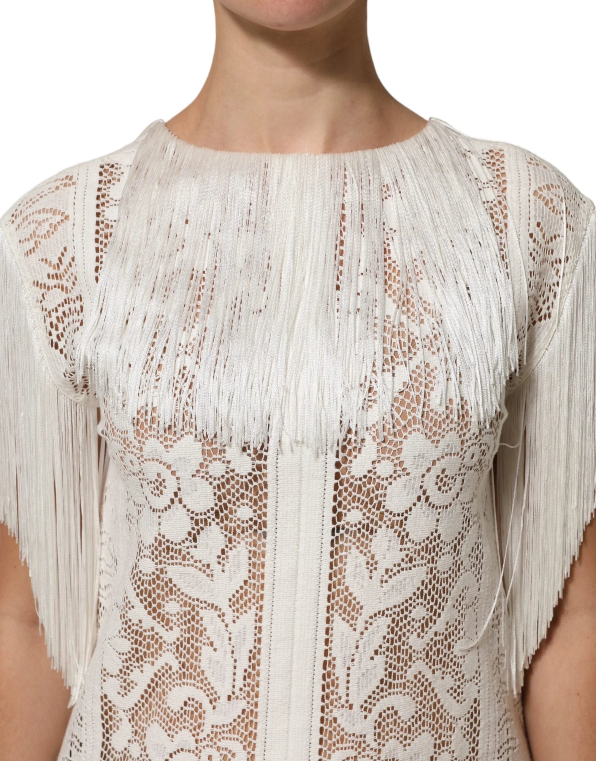 Dolce & Gabbana White Floral Lace Fringe Knee Length Dress - IT40|S - Dresses