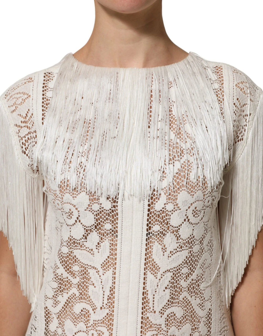 Dolce & Gabbana White Floral Lace Fringe Knee Length Dress - IT40|S - Dresses