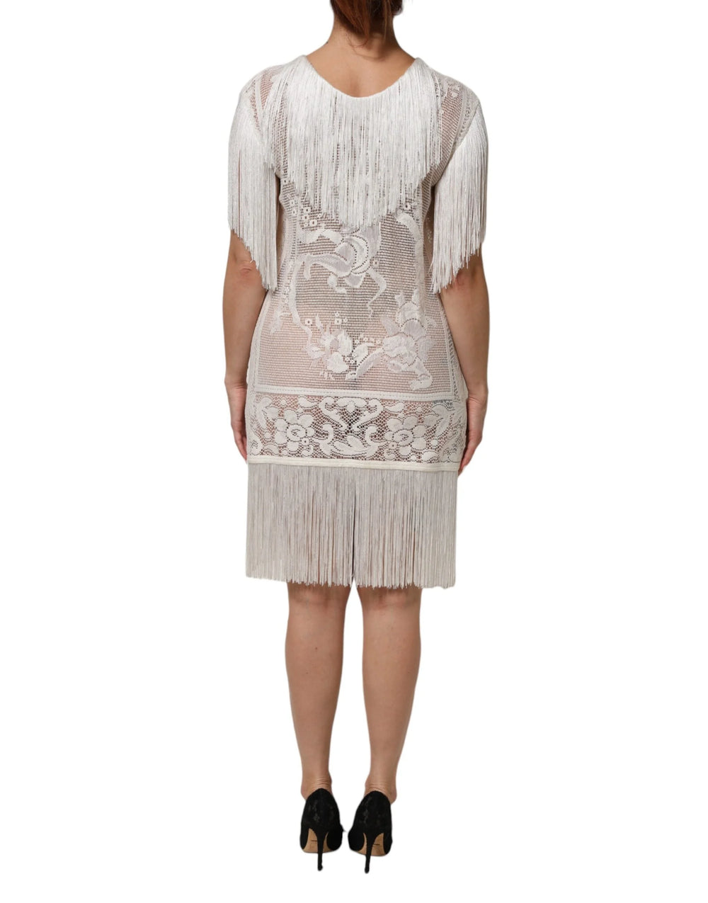 Dolce & Gabbana White Floral Lace Fringe Knee Length Dress - IT40|S - Dresses
