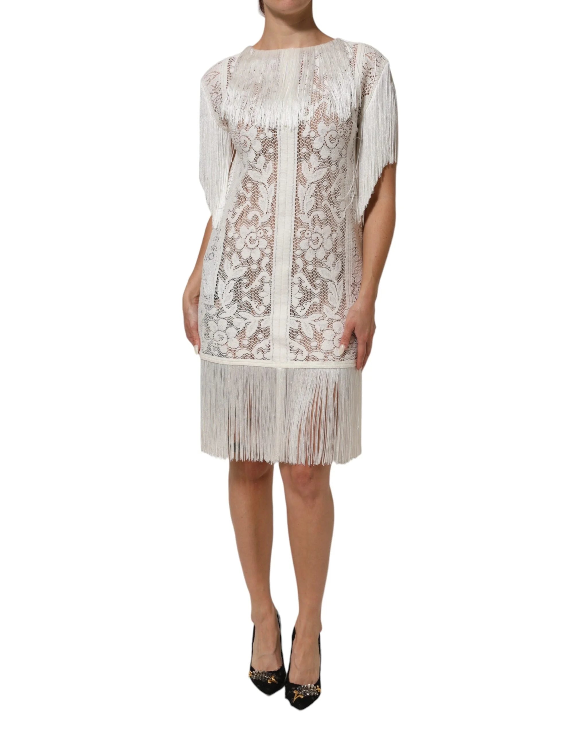 Dolce & Gabbana White Floral Lace Fringe Knee Length Dress - IT40|S - Dresses
