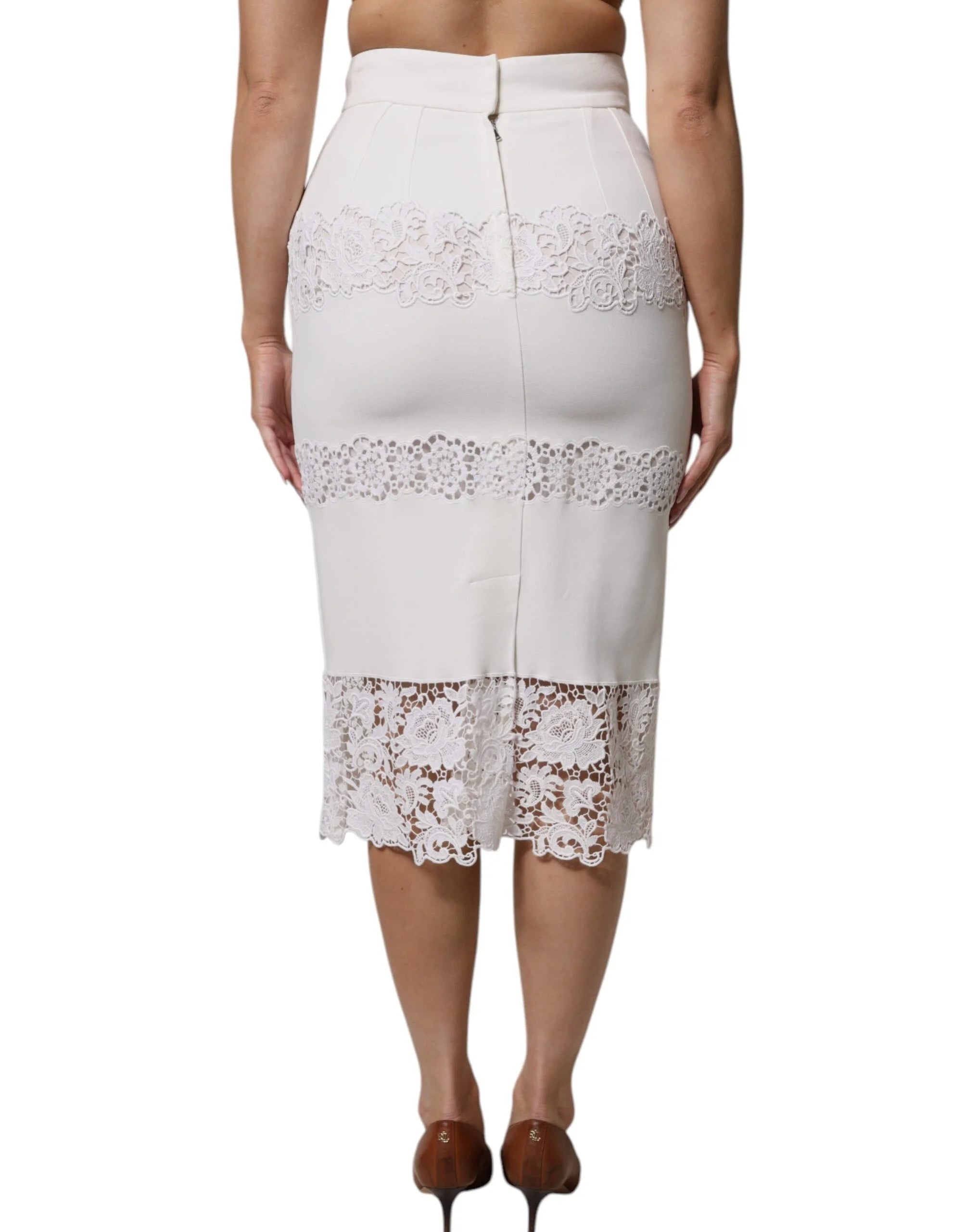 Dolce & Gabbana White Floral Lace High Waist Pencil Cut Skirt - IT42|M - Skirts