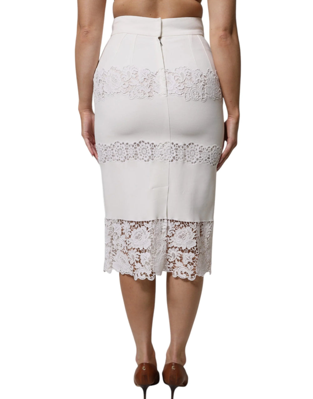Dolce & Gabbana White Floral Lace High Waist Pencil Cut Skirt - IT42|M - Skirts