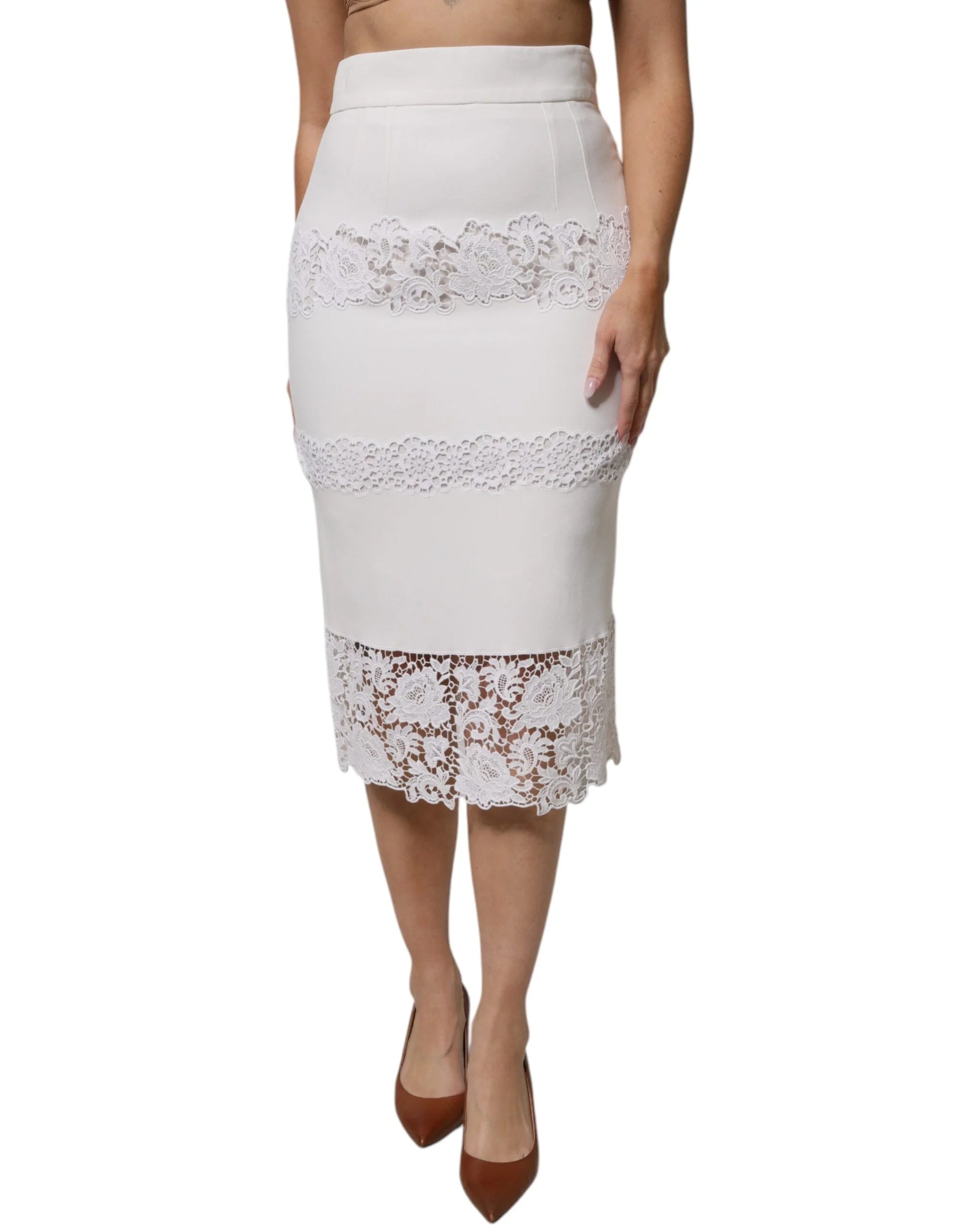 Dolce & Gabbana White Floral Lace High Waist Pencil Cut Skirt - IT42|M