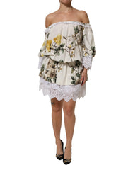 Dolce & Gabbana White Floral Lace Off Shoulder Mini Dress - IT40|S - Dresses