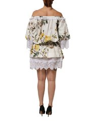 Dolce & Gabbana White Floral Lace Off Shoulder Mini Dress - IT40|S - Dresses