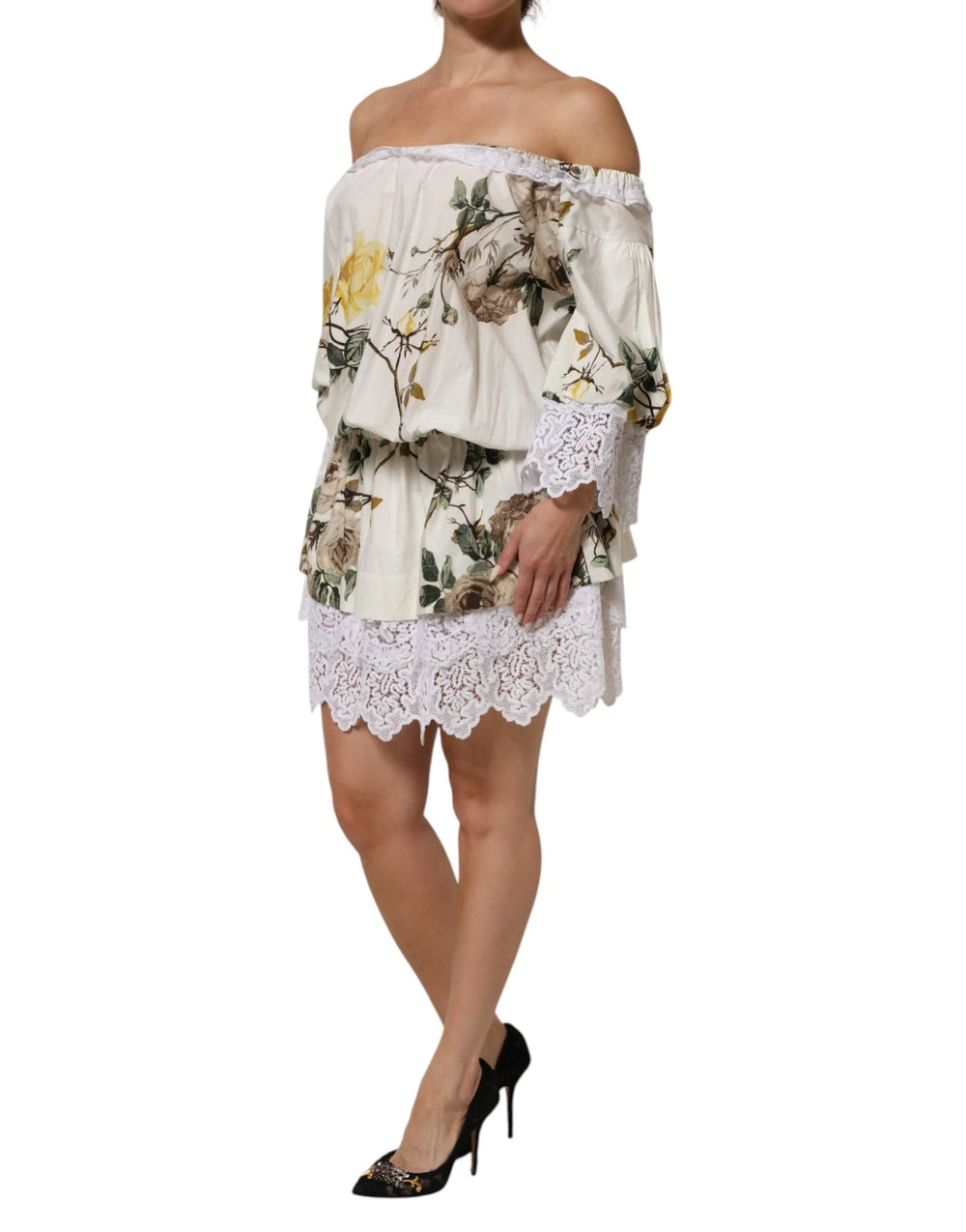 Dolce & Gabbana White Floral Lace Off Shoulder Mini Dress - IT40|S - Dresses