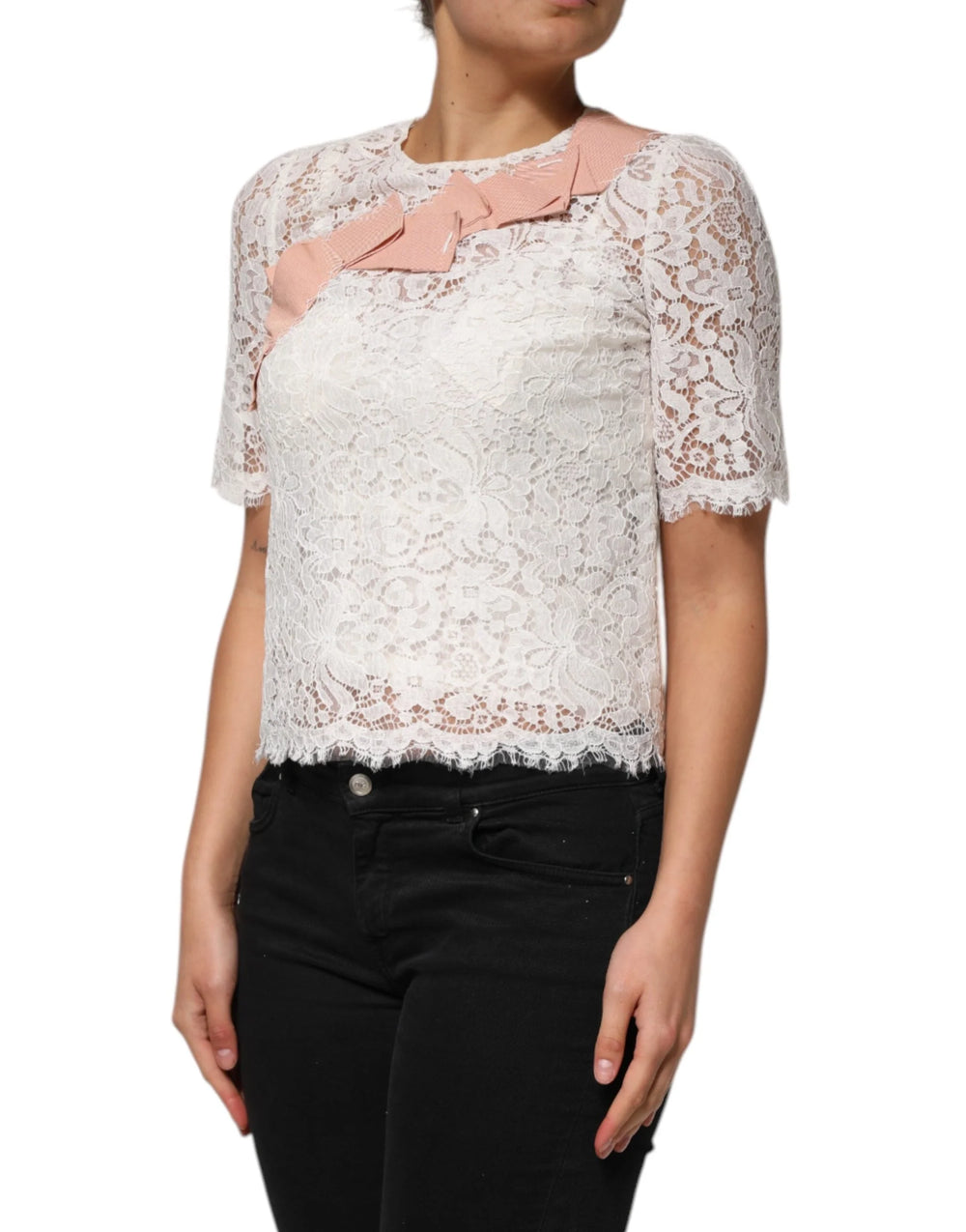 Dolce & Gabbana White Floral Lace Short Sleeves Blouse Top - Blouses