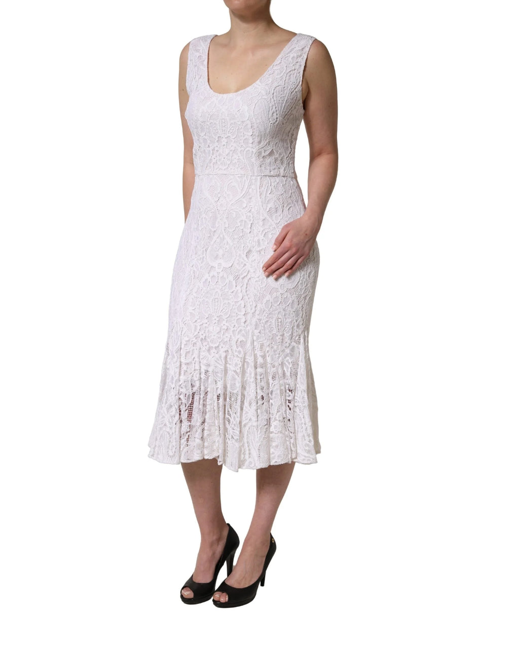 Dolce & Gabbana White Floral Lace Sleeveless Midi Dress - IT48|XXL