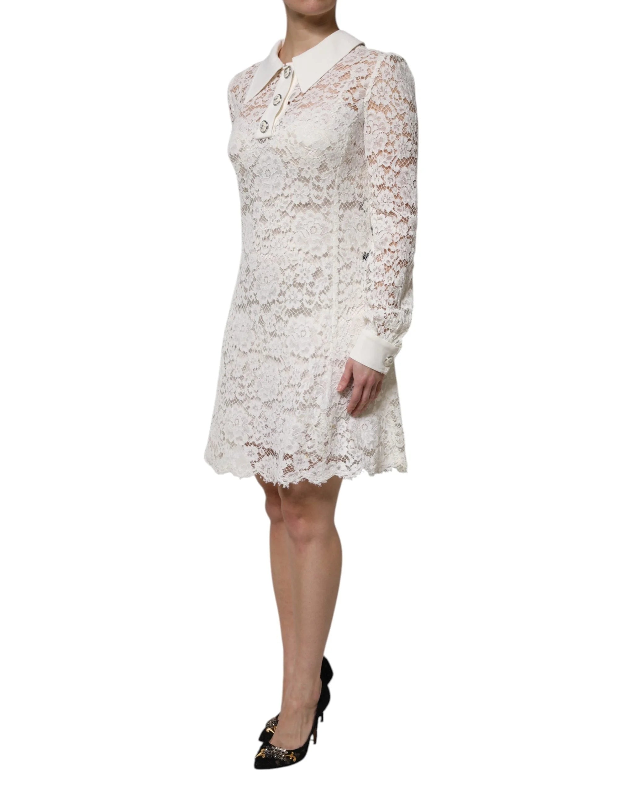 Dolce & Gabbana Abito mini con colletto in pizzo floreale bianco in viscosa - IT40|S - Abiti