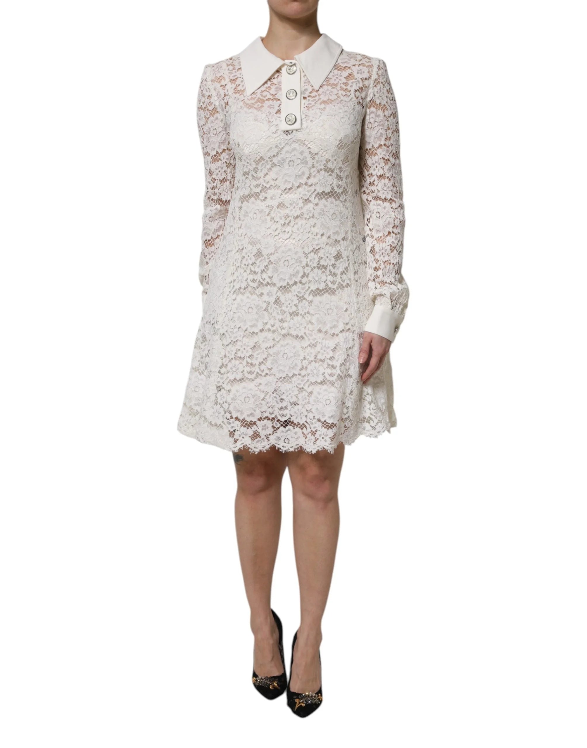 Dolce & Gabbana Abito mini con colletto in pizzo floreale bianco in viscosa - IT40|S - Abiti