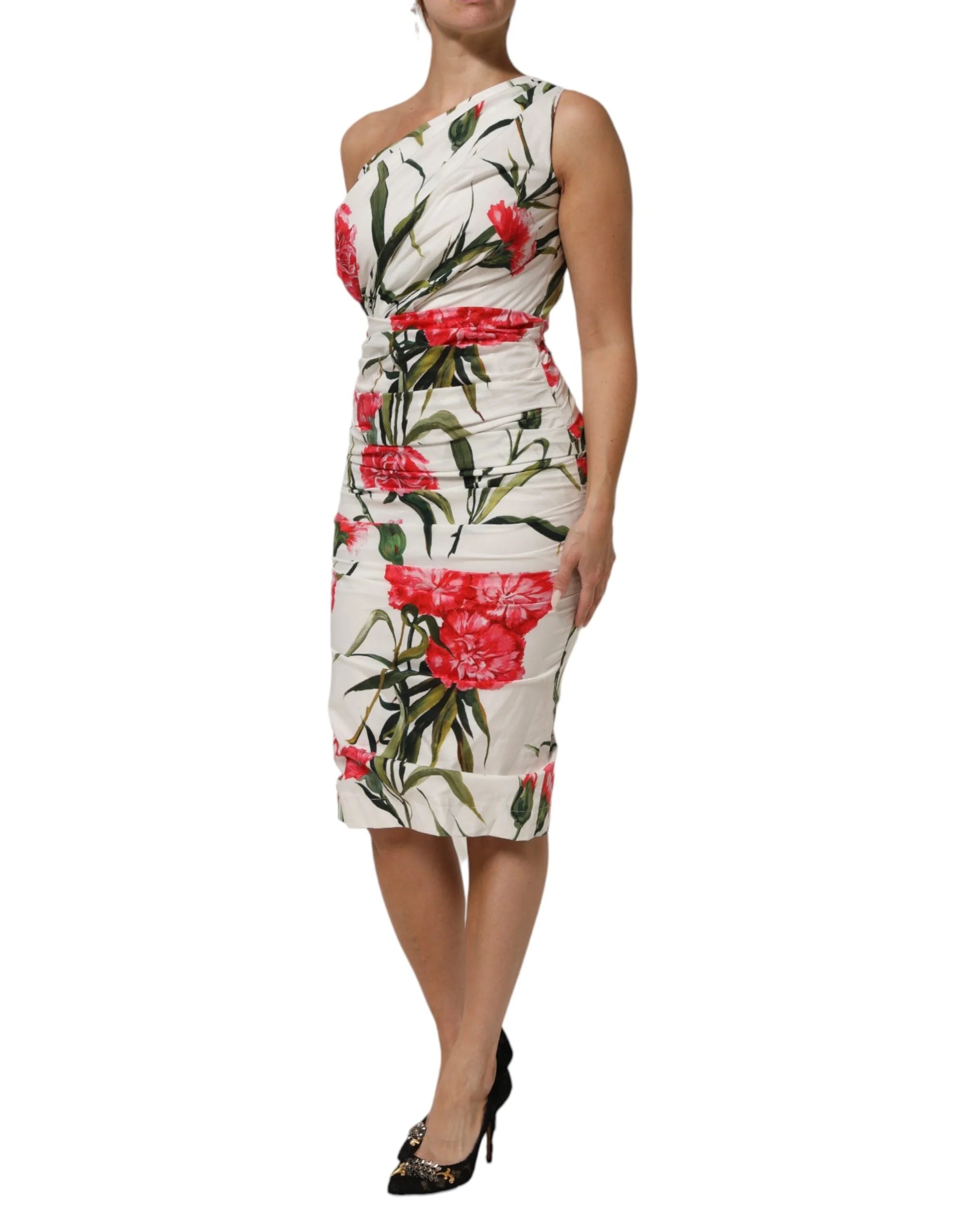 Dolce & Gabbana White Floral One Shoulder Sheath Dress - Dresses