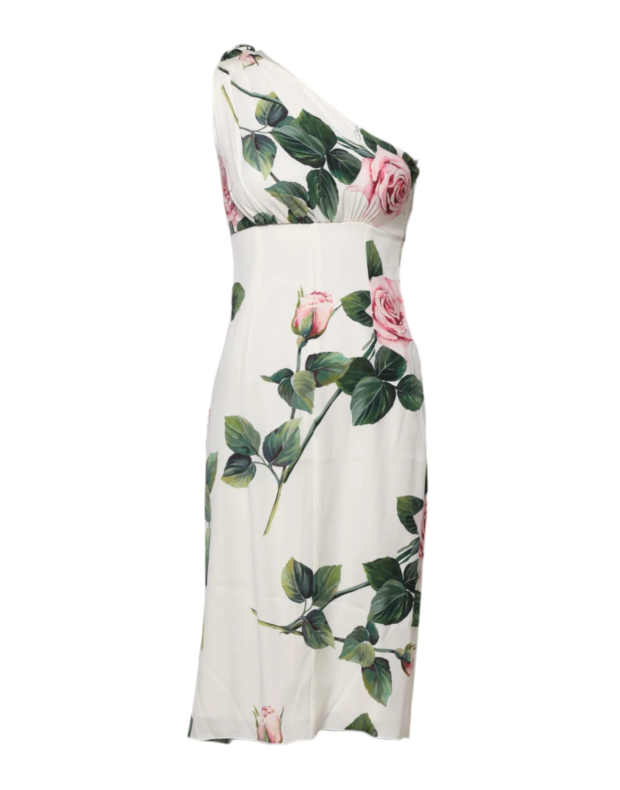 Dolce & Gabbana White Floral One Shoulder Sheath Midi Dress - IT36|XXS