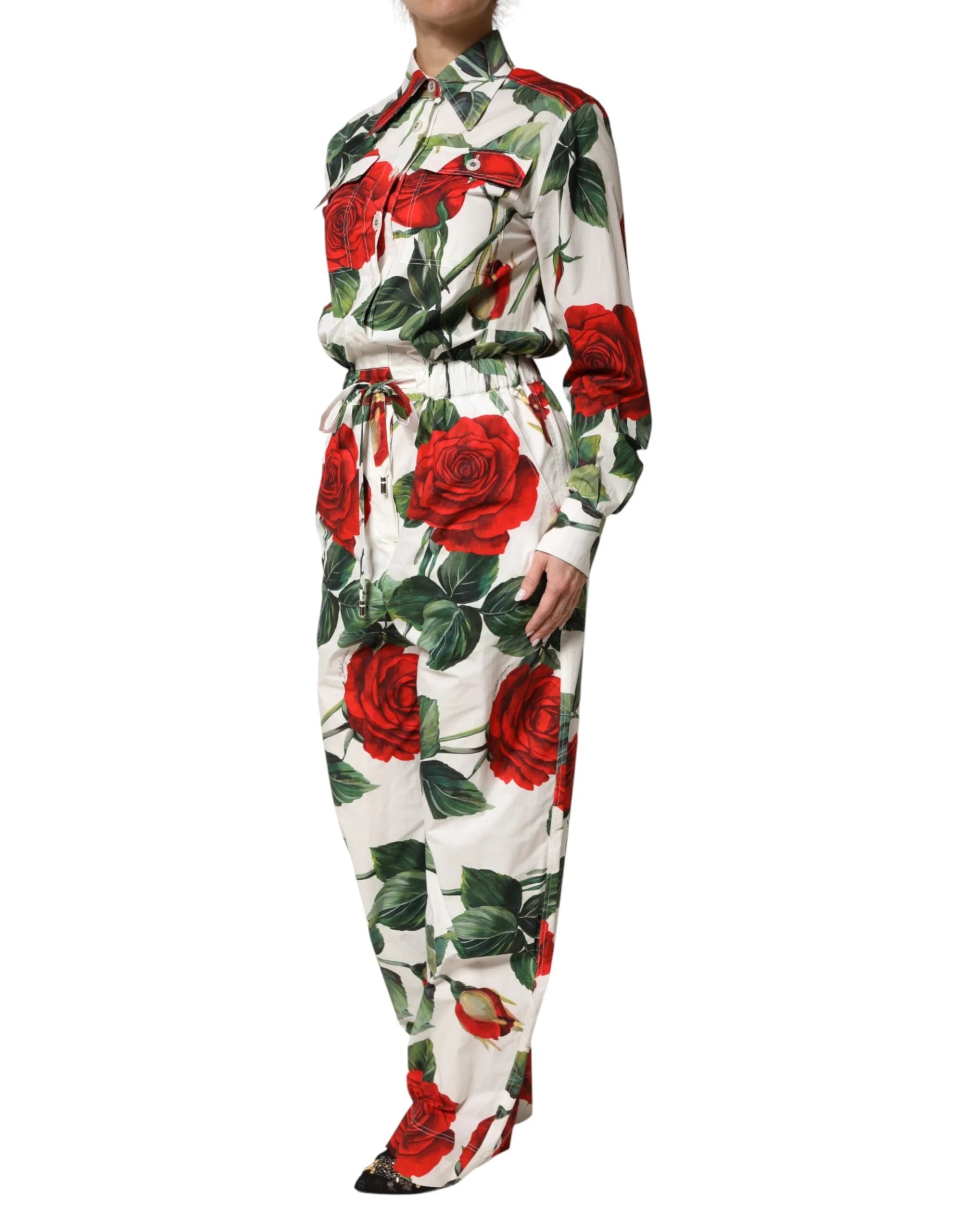 Dolce & Gabbana White Floral Print Cotton Jumpsuit Dress - IT40|S