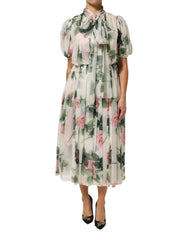 Dolce & Gabbana White Floral Print Silk Pleated Midi Dress - IT40|S - Dresses