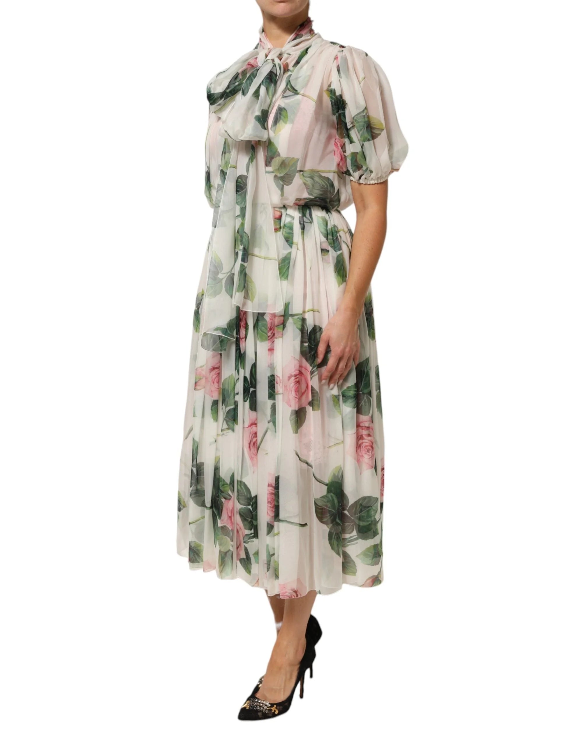 Dolce & Gabbana White Floral Print Silk Pleated Midi Dress - IT40|S - Dresses
