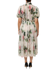Dolce & Gabbana White Floral Print Silk Pleated Midi Dress - IT40|S - Dresses