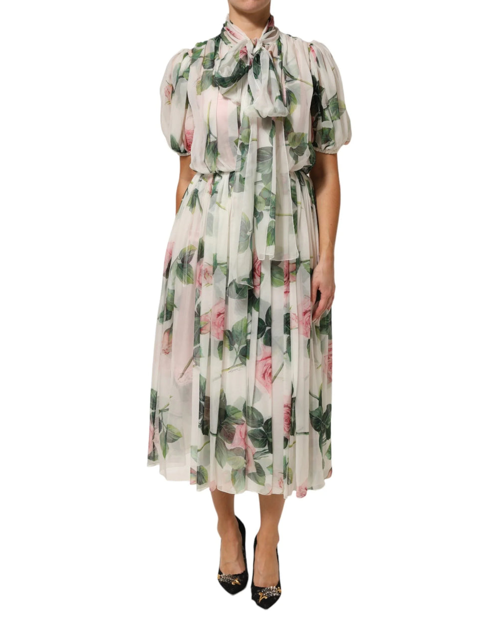 Dolce & Gabbana White Floral Print Silk Pleated Midi Dress - IT40|S - Dresses