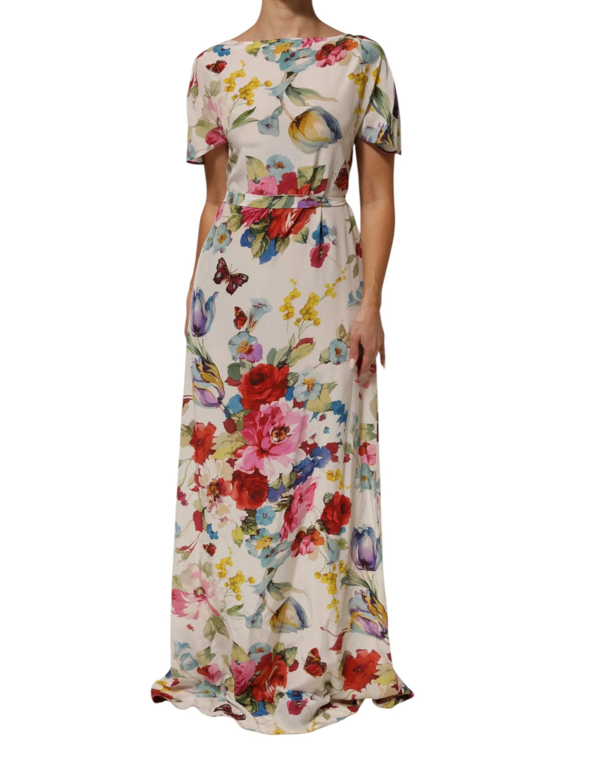 Dolce & Gabbana White Floral Print Silk Sheath LongGown Dress - IT40|S