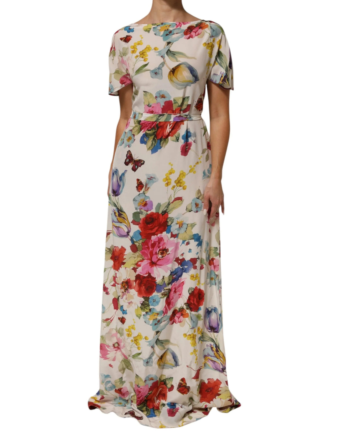 Dolce & Gabbana White Floral Print Silk Sheath LongGown Dress - IT40|S