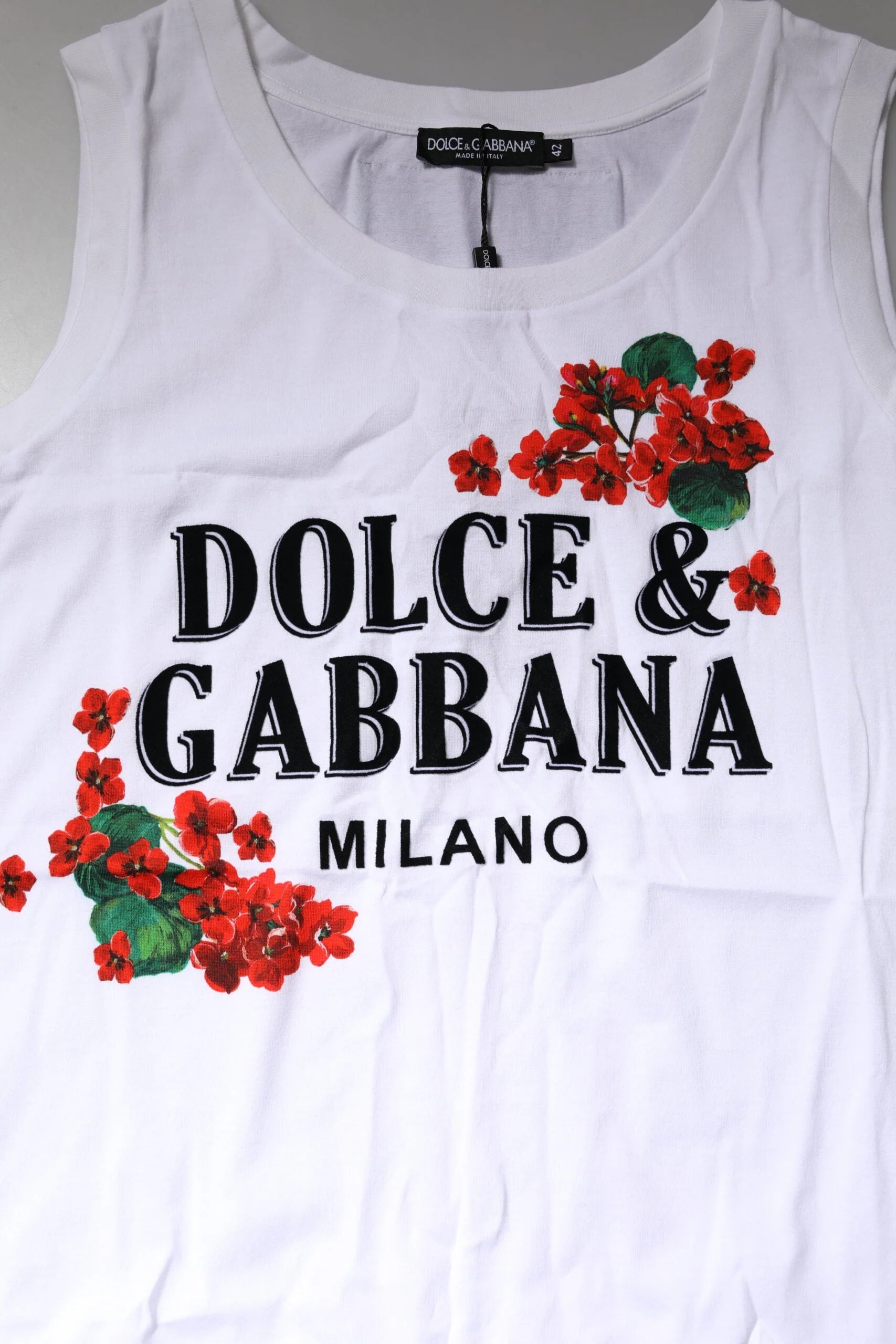 Dolce & Gabbana White Floral Printed Cotton Sleeveless T-shirt - IT40|S - T-Shirts