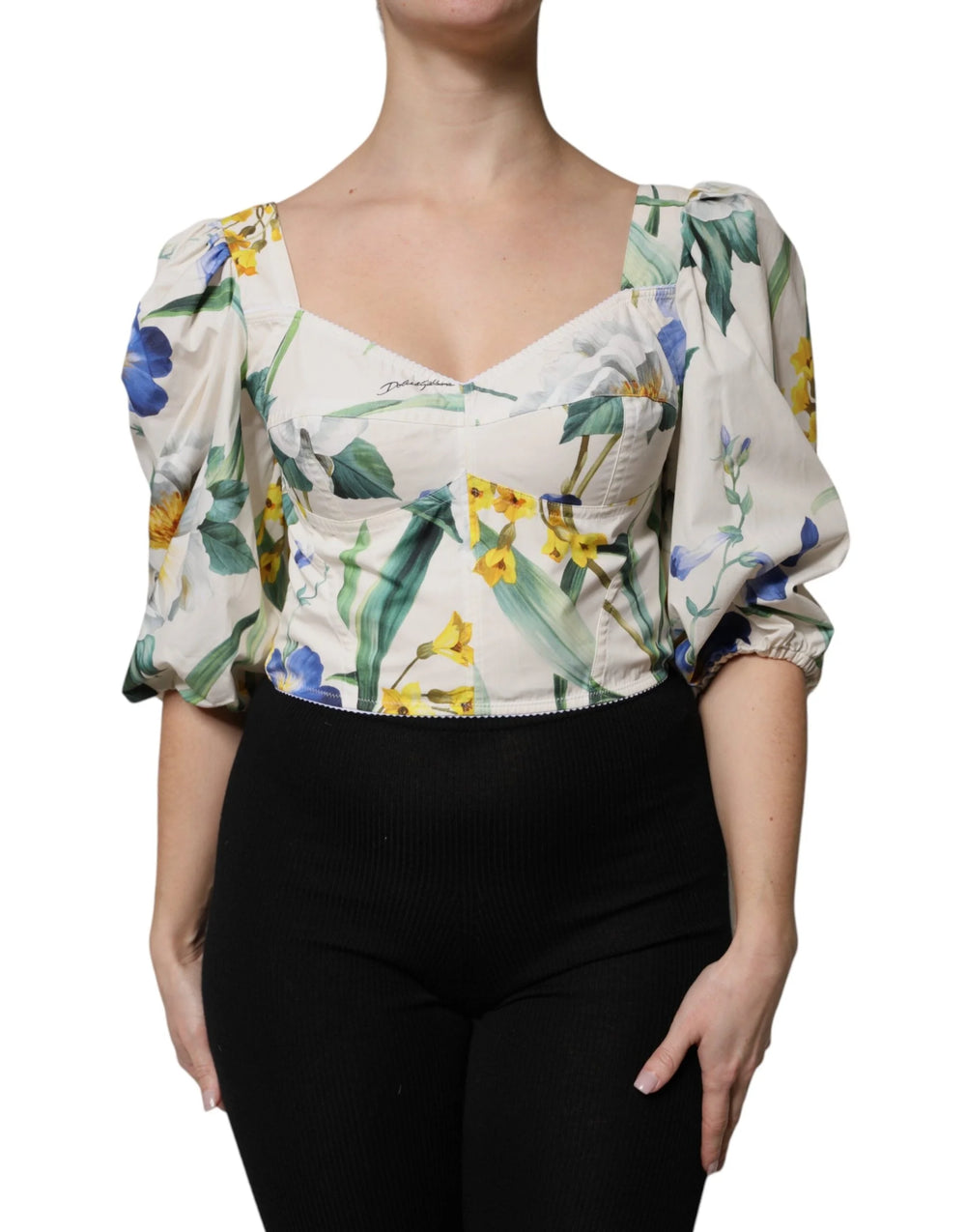 Dolce & Gabbana White Floral Puff Sleeves Crop Blouse Top - IT40|S - Blouses