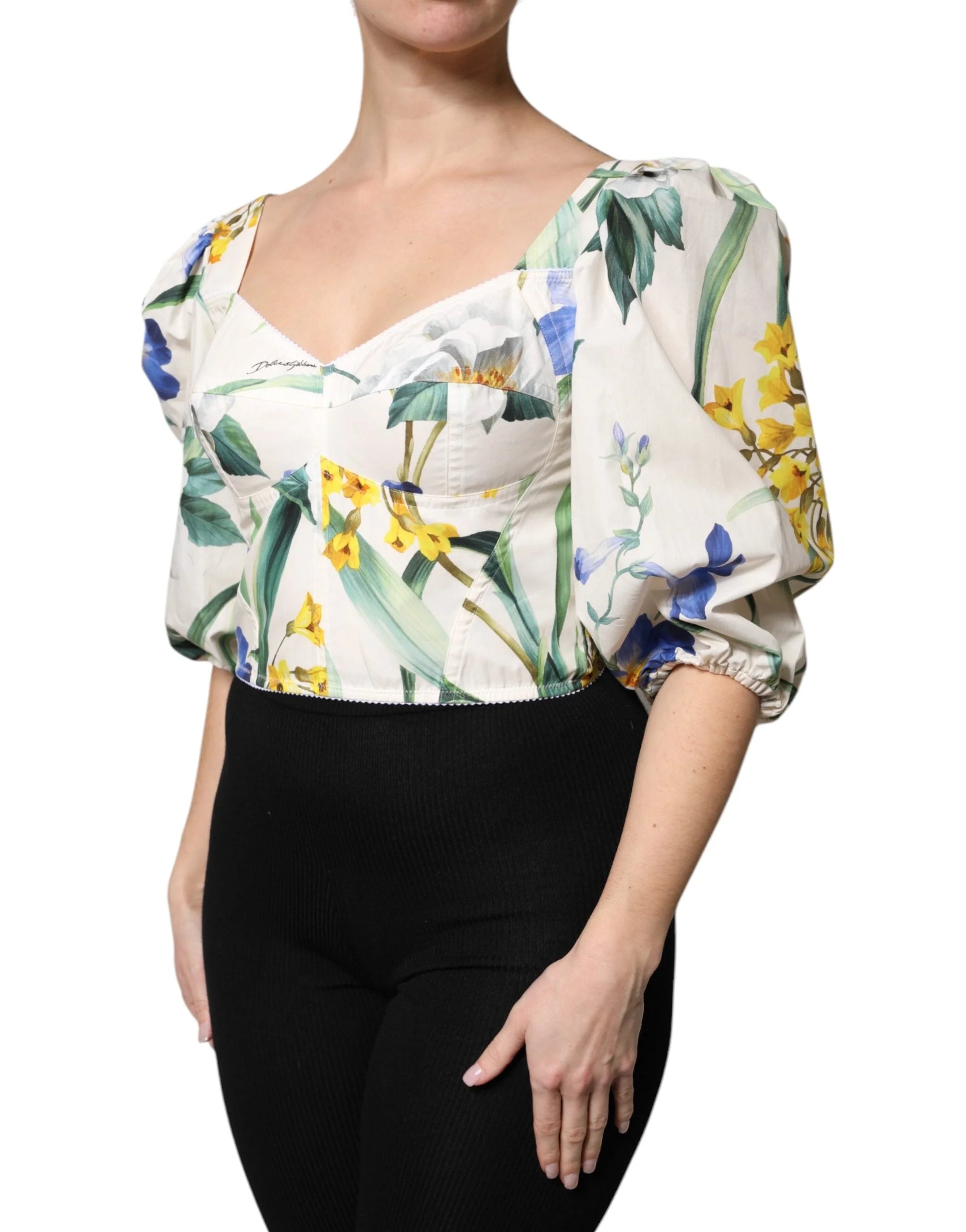 Dolce & Gabbana White Floral Puff Sleeves Crop Blouse Top - IT40|S - Blouses