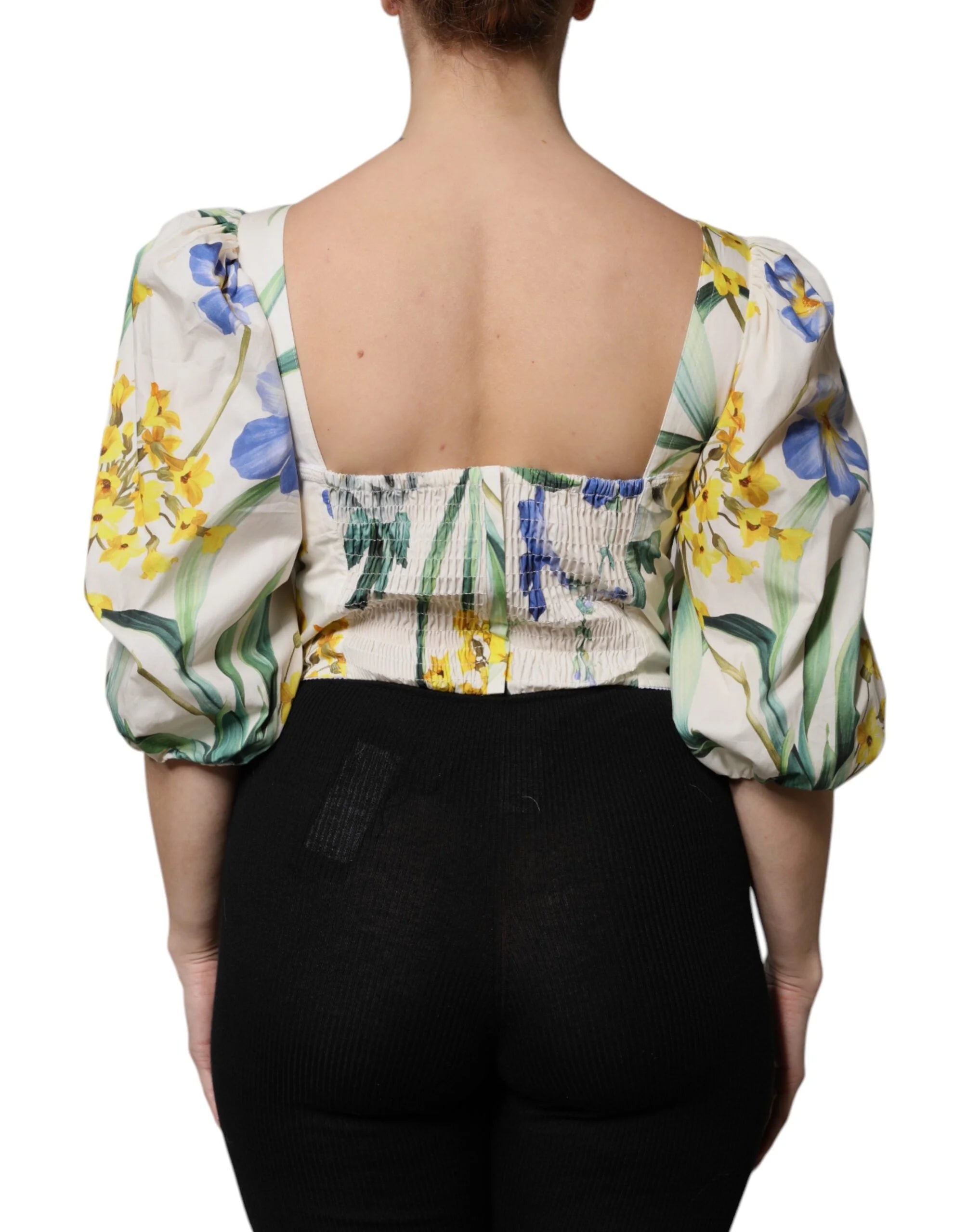 Dolce & Gabbana White Floral Puff Sleeves Crop Blouse Top - IT40|S - Blouses