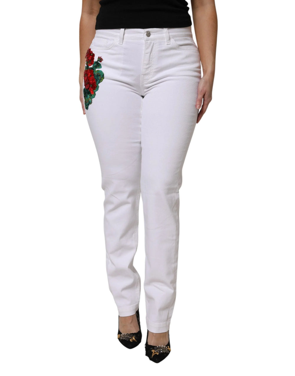 Dolce & Gabbana White Floral Sequined GIRLY Denim Jeans - Jeans
