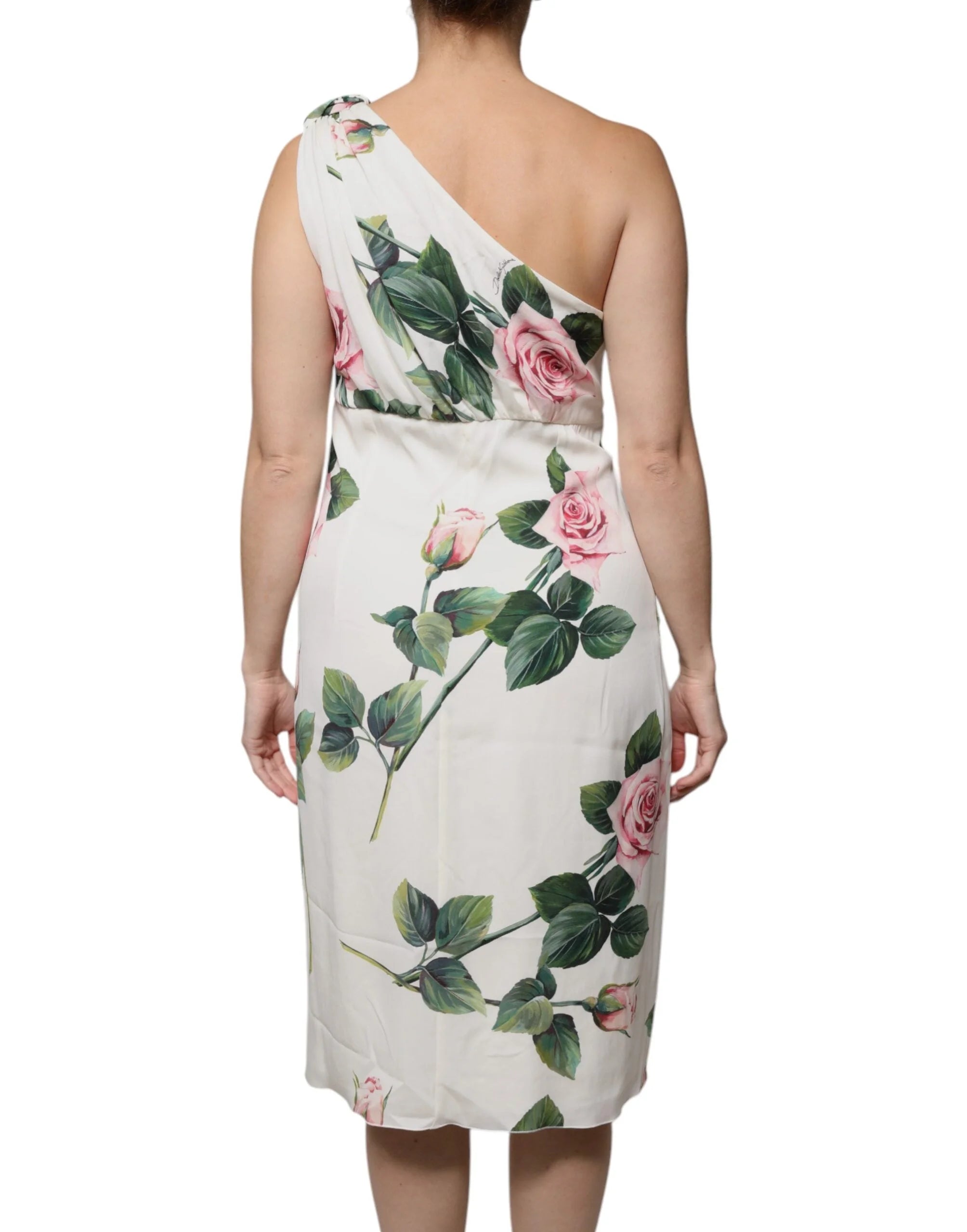 Dolce & Gabbana White Floral Silk One Shoulder Midi Dress - Dresses