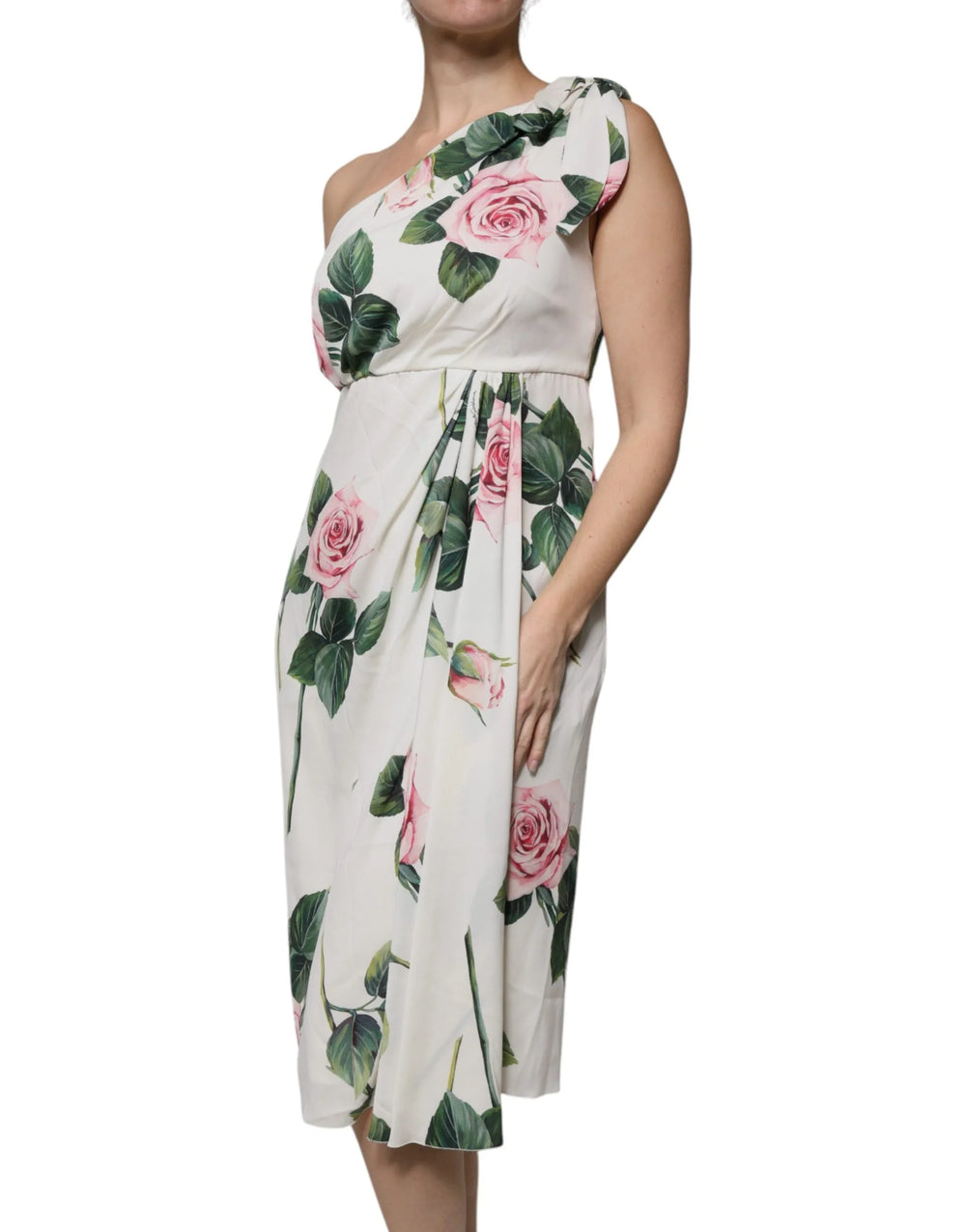 Dolce & Gabbana White Floral Silk One Shoulder Midi Dress - Dresses