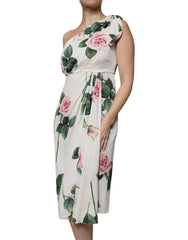 Dolce & Gabbana White Floral Silk One Shoulder Midi Dress - Dresses