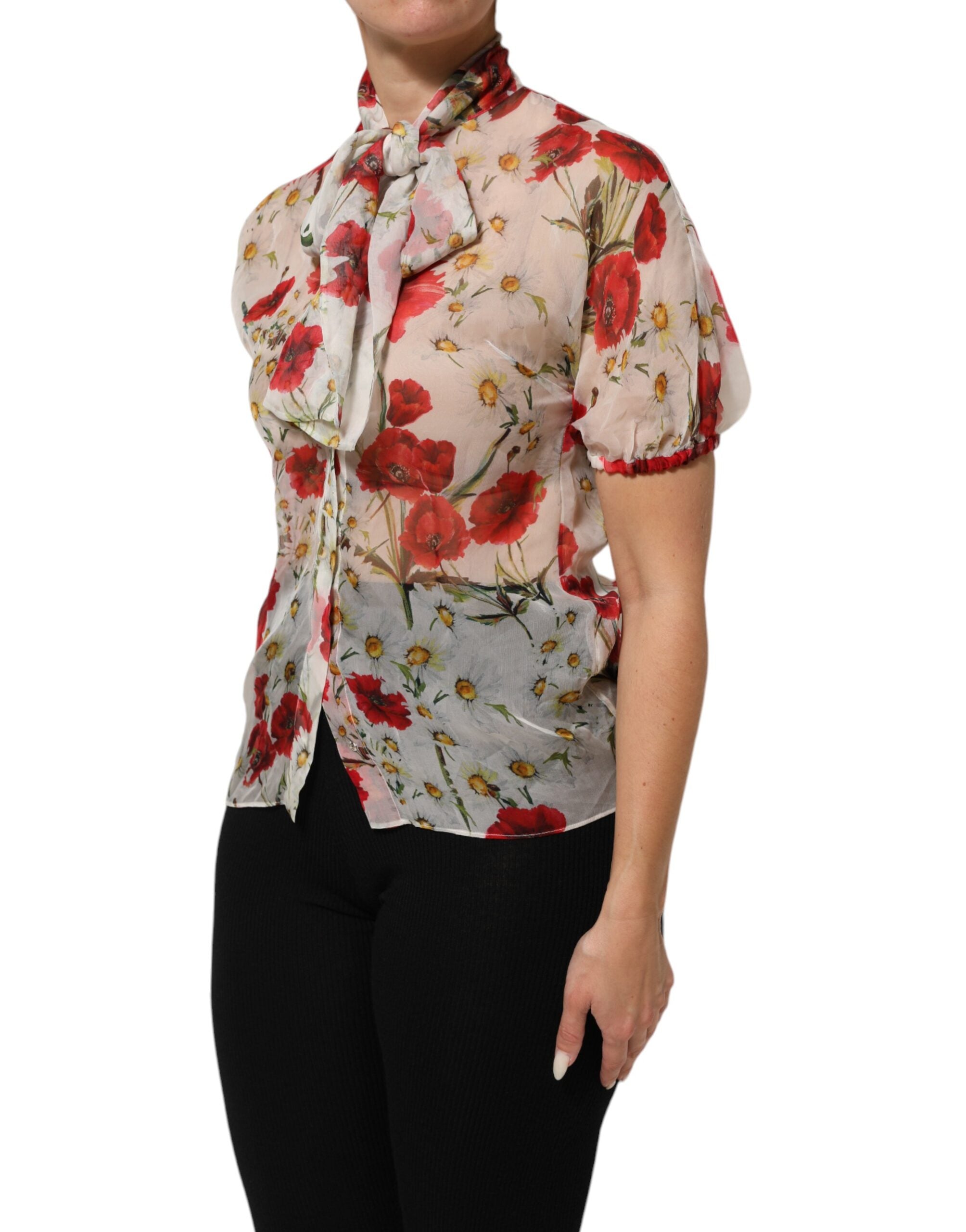 Dolce & Gabbana White Floral Tie-Neck Poppy Print Blouse Top - IT36|XXS