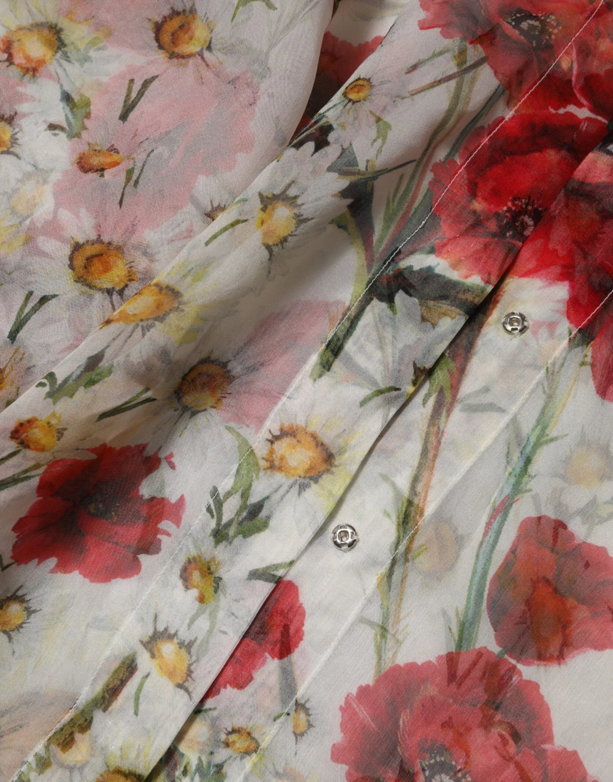 Dolce & Gabbana White Floral Tie-Neck Poppy Print Blouse Top - IT36|XXS - Blouses