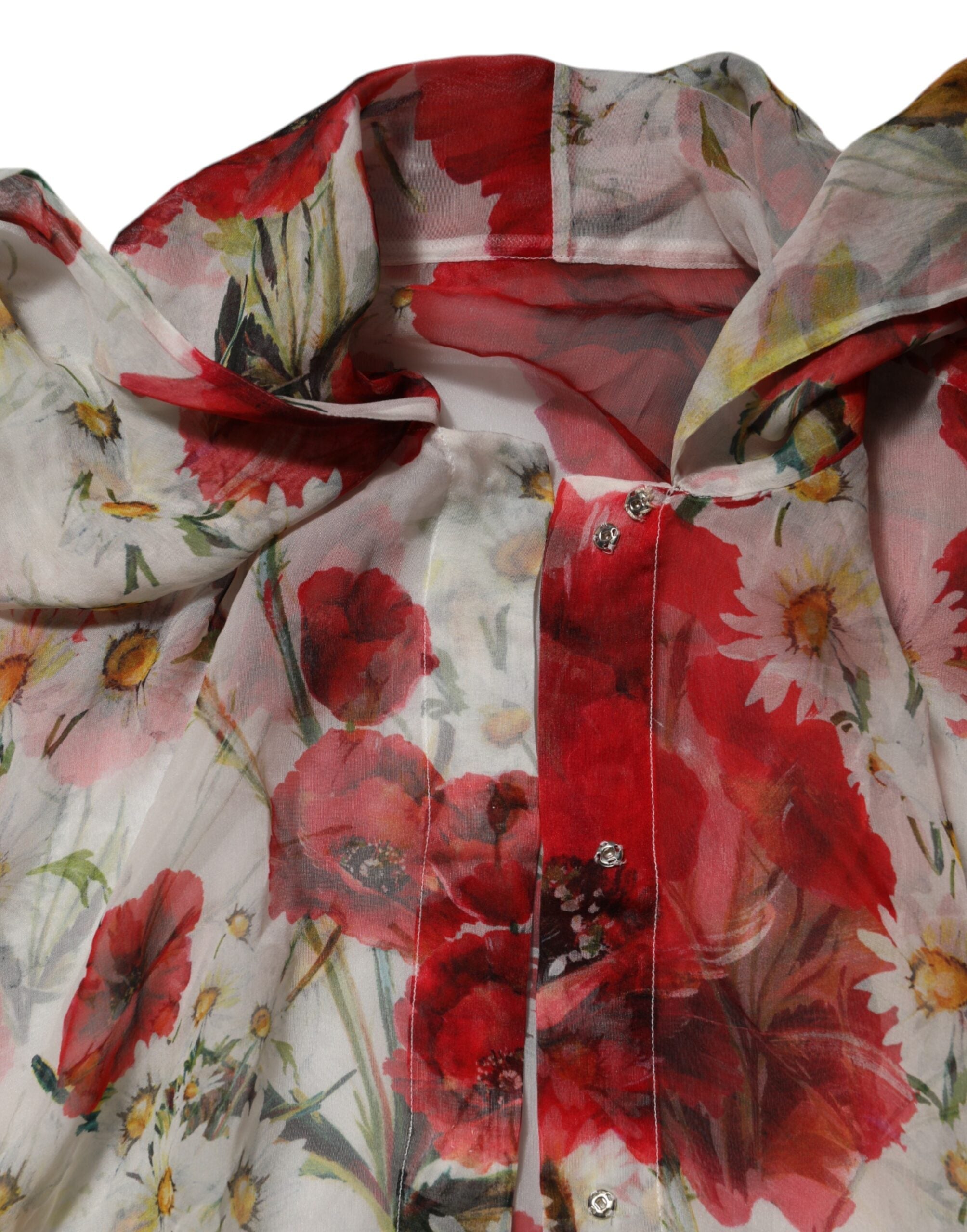 Dolce & Gabbana White Floral Tie-Neck Poppy Print Blouse Top - IT36|XXS