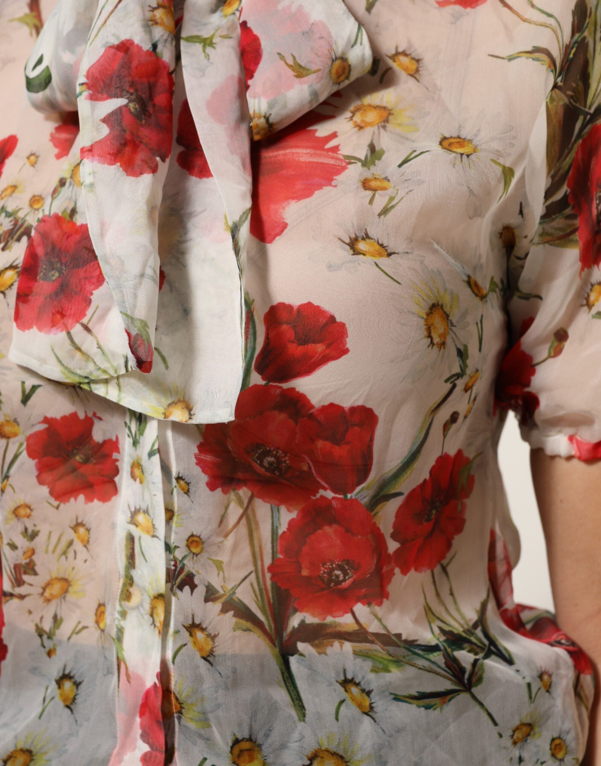 Dolce & Gabbana White Floral Tie-Neck Poppy Print Blouse Top - IT36|XXS