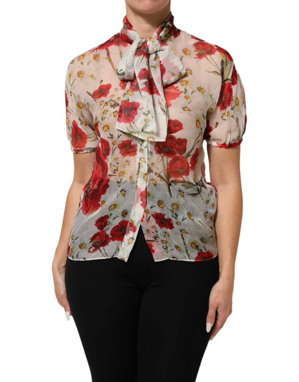 Dolce & Gabbana White Floral Tie-Neck Poppy Print Blouse Top - IT36|XXS - Blouses