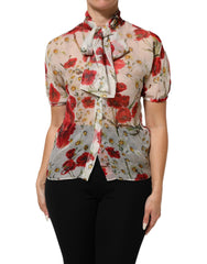 Dolce & Gabbana White Floral Tie-Neck Poppy Print Blouse Top - IT36|XXS - Blouses