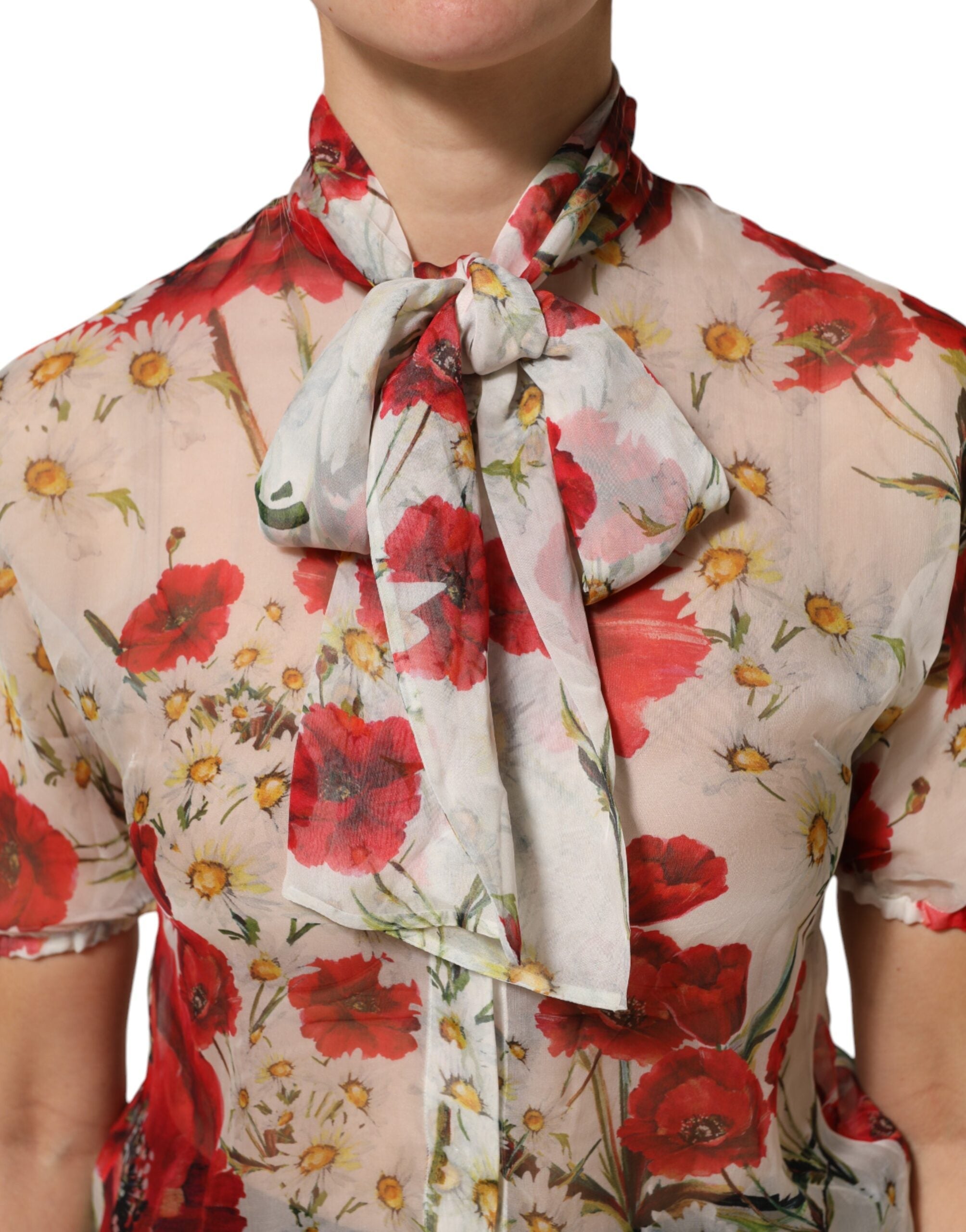 Dolce & Gabbana White Floral Tie-Neck Poppy Print Blouse Top - IT36|XXS
