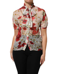 Dolce & Gabbana White Floral Tie-Neck Poppy Print Blouse Top - IT36|XXS