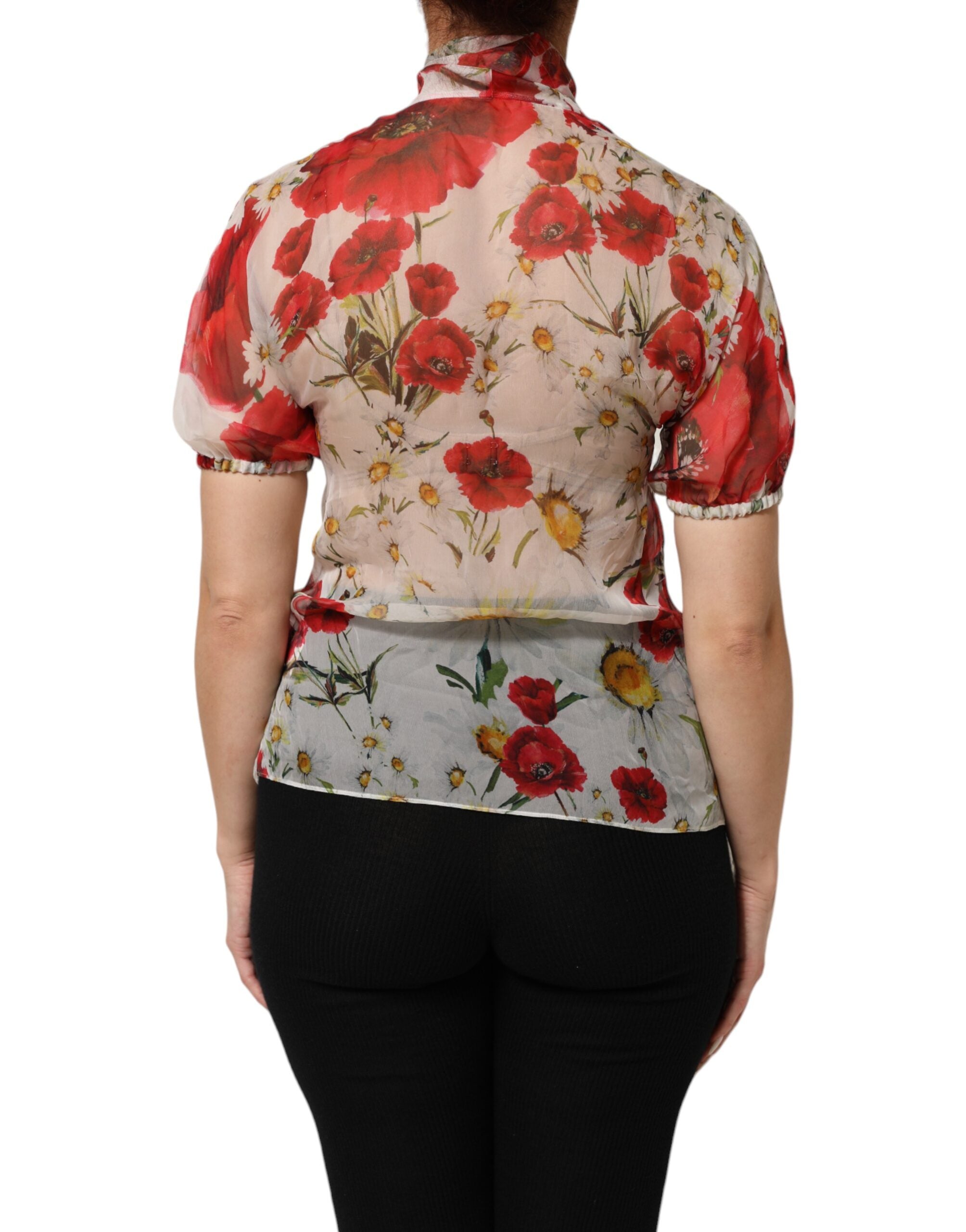 Dolce & Gabbana White Floral Tie-Neck Poppy Print Blouse Top - IT36|XXS