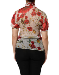 Dolce & Gabbana White Floral Tie-Neck Poppy Print Blouse Top - IT36|XXS