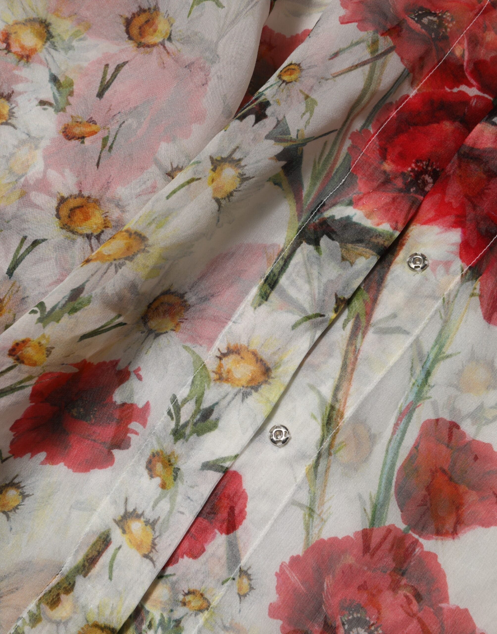 Dolce & Gabbana White Floral Tie-Neck Poppy Print Blouse Top - IT36|XXS