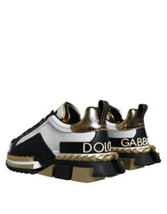 Dolce & Gabbana White Gold Black Leather SUPER KING Sneakers Shoes - Sneakers