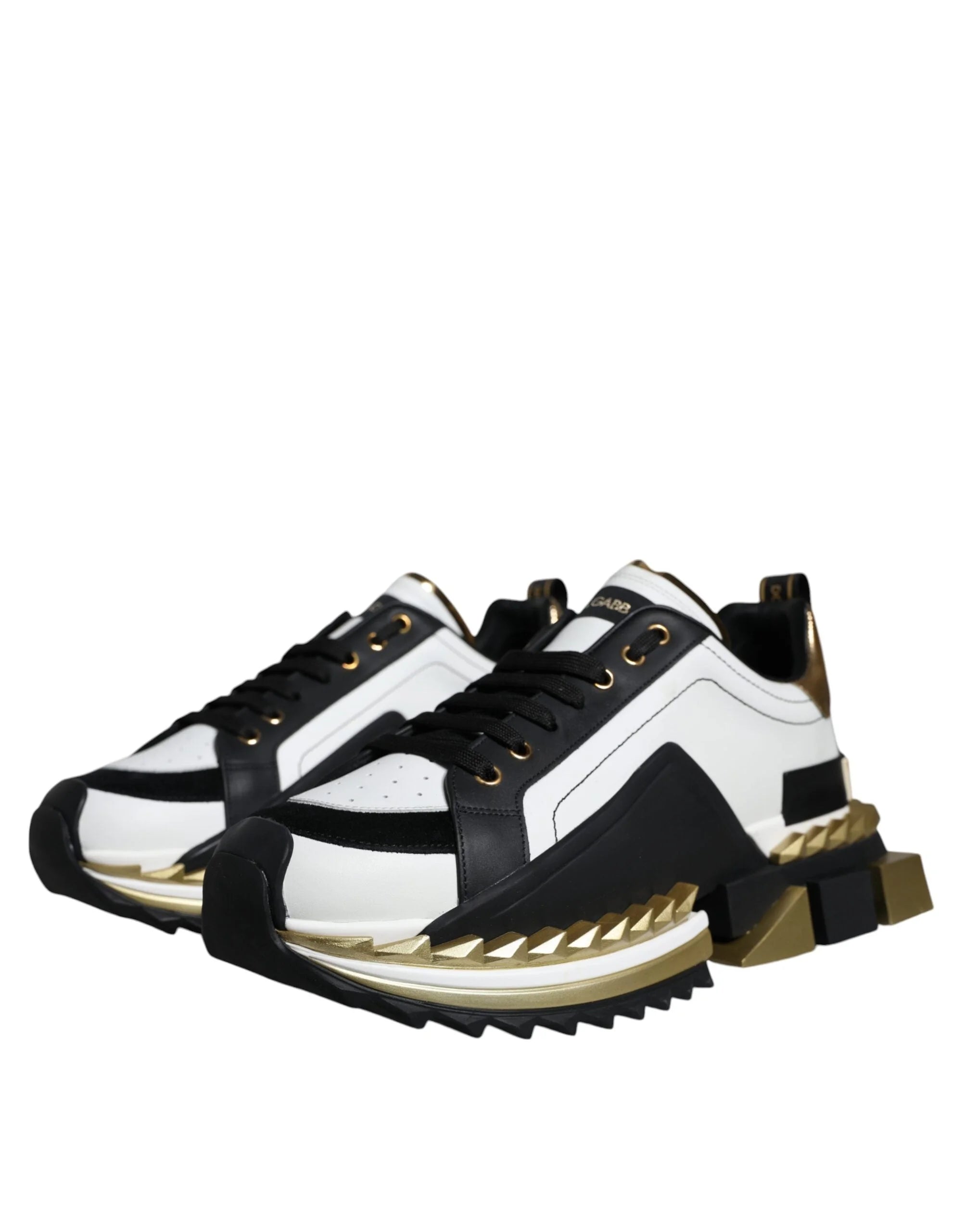 Dolce & Gabbana White Gold Black Leather SUPER KING Sneakers Shoes - Sneakers