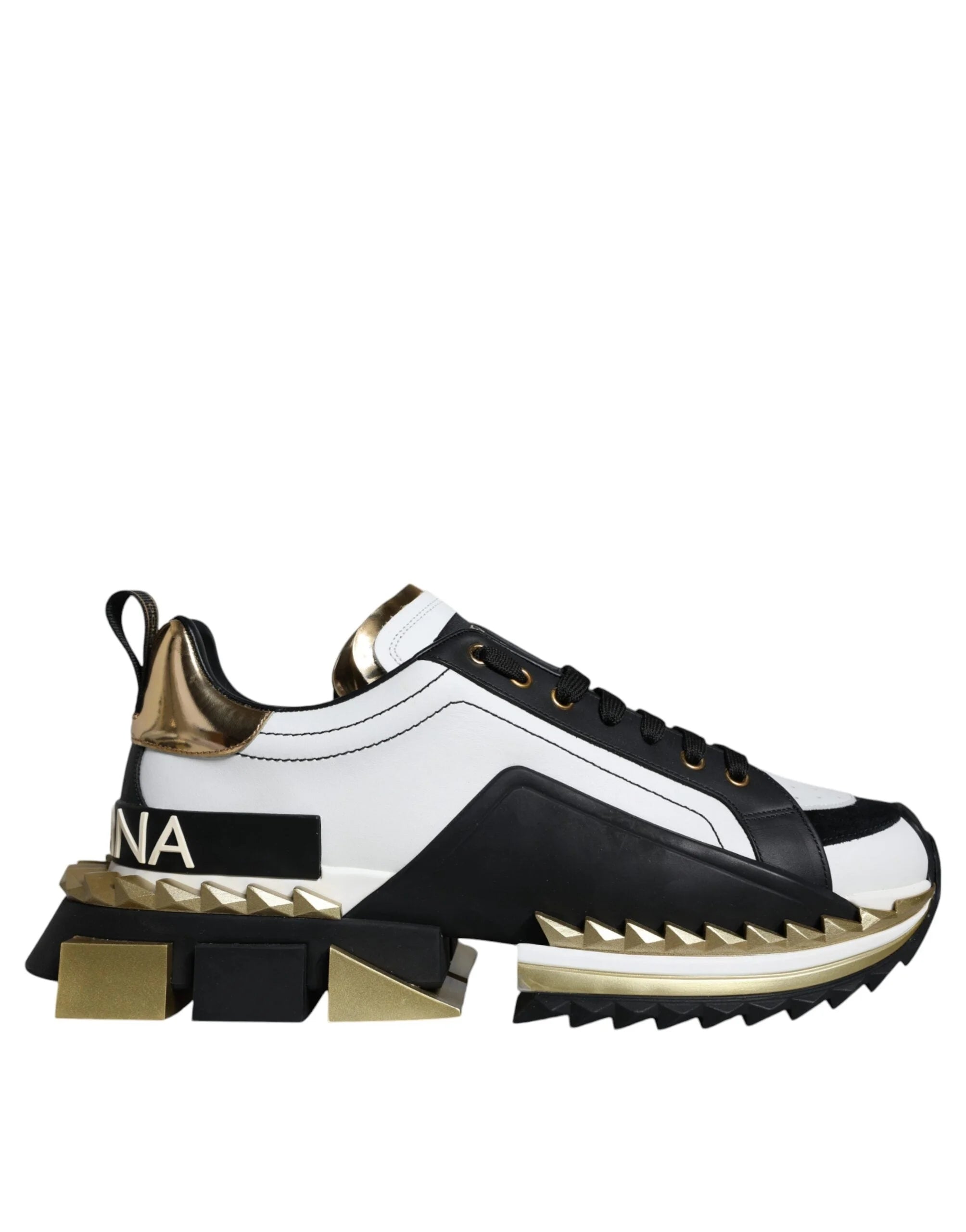 Dolce & Gabbana White Gold Black Leather SUPER KING Sneakers Shoes - Sneakers