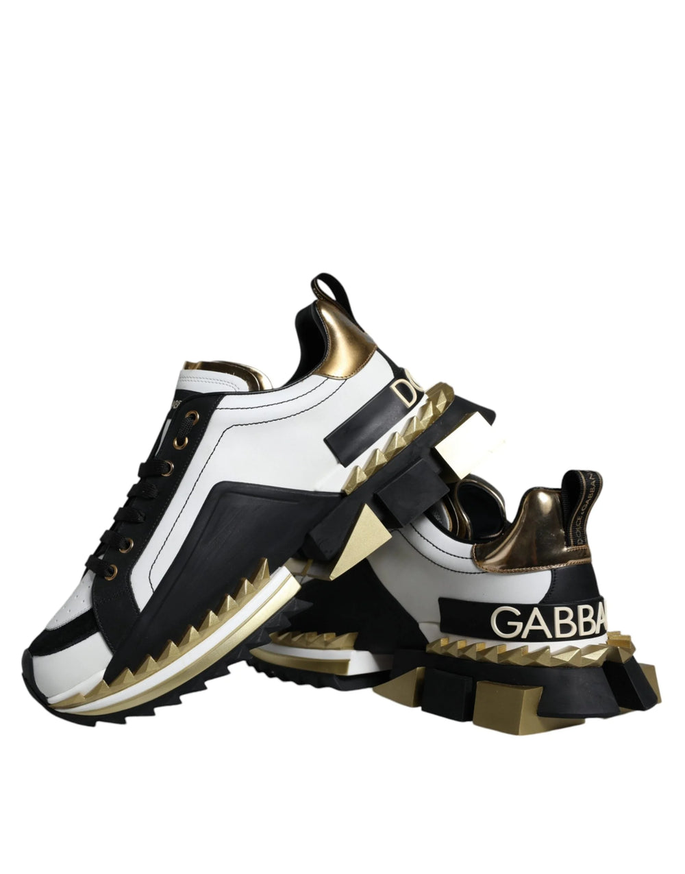 Dolce & Gabbana White Gold Black Leather SUPER KING Sneakers Shoes - Sneakers