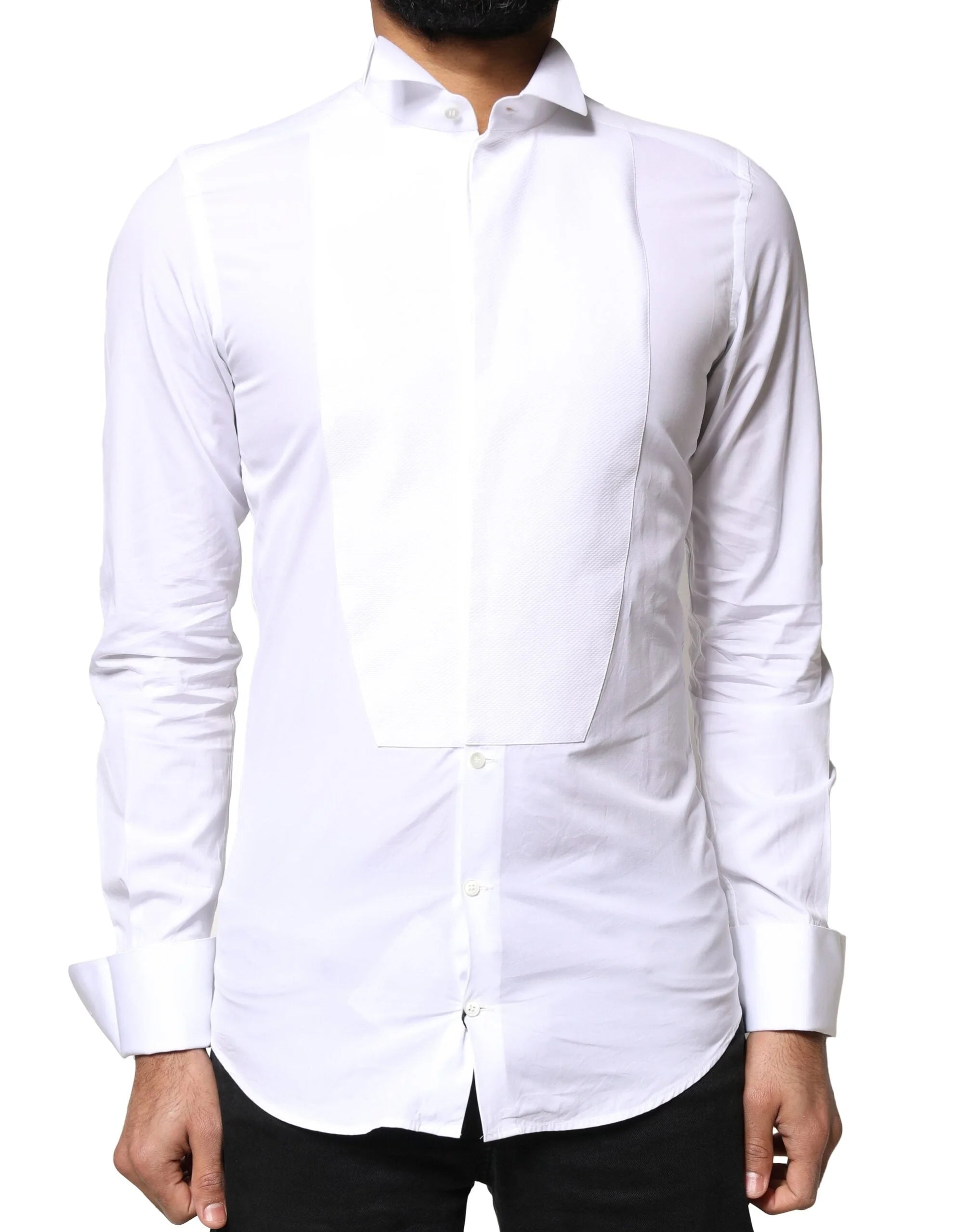 Dolce & Gabbana White GOLD Cotton Poplin Bib Formal Men Dress Shirt - IT39 | S - Shirts